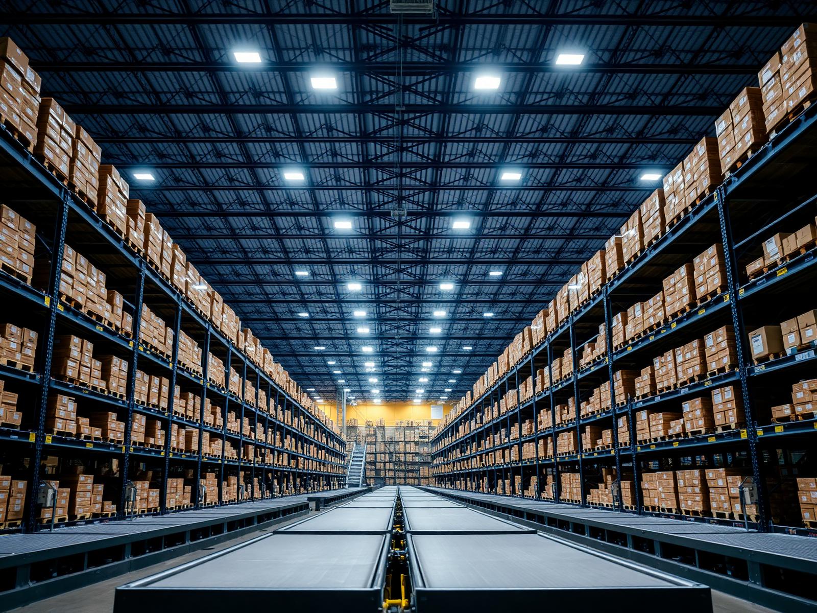 Galpão logístico Amazon iluminado por luminárias industriais LED