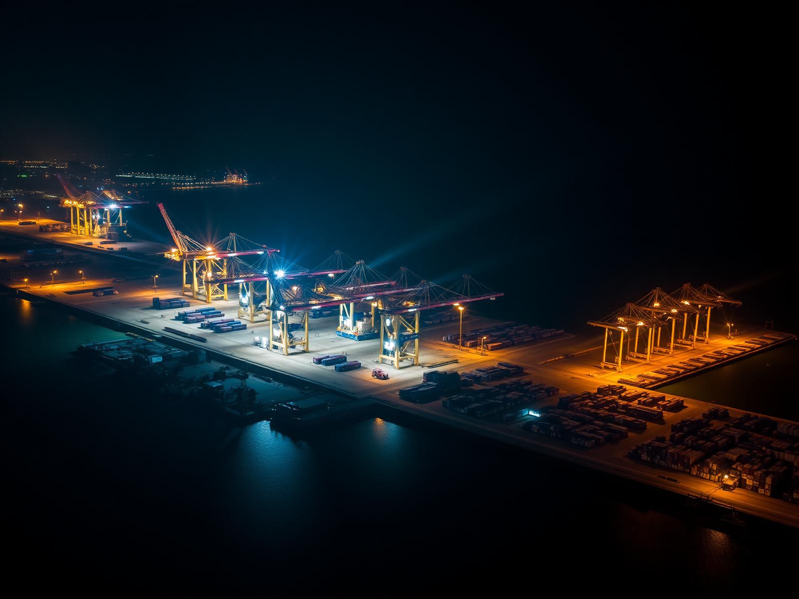 Complexo Portuário do Pecém iluminado por LED durante a noite